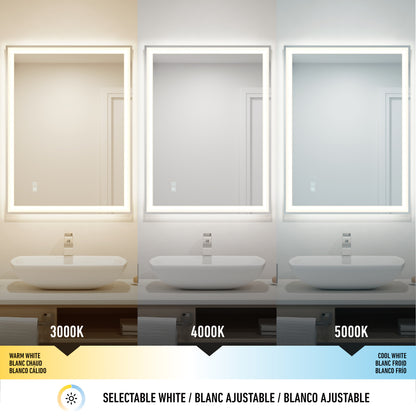 The Artika Sofia LED mirror 3 CCT with defogger displays 3000K warm, 4000K neutral, and 5000K cool white lighting above modern sinks and faucets.