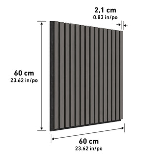 Artika Sonolok 15.5 ft sound-absorbing wall panel kit (4-pack) features square panels with vertical black and gray slats, each measuring 60 x 60 cm (23.62 x 23.62 in) and 2.1 cm (0.83 in) thick, shown on a white background with labeled dimensions.