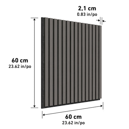 Artika Sonolok 15.5 ft sound-absorbing wall panel kit (4-pack) features square panels with vertical black and gray slats, each measuring 60 x 60 cm (23.62 x 23.62 in) and 2.1 cm (0.83 in) thick, shown on a white background with labeled dimensions.