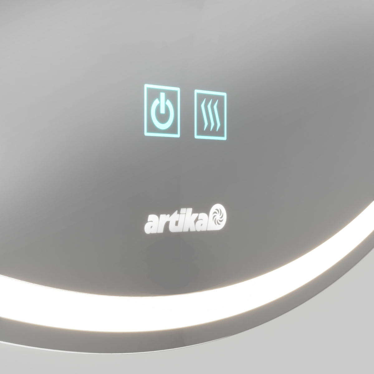 A close-up of a sleek control panel with illuminated power and heat icons above the artika logo and a white curved LED light strip.