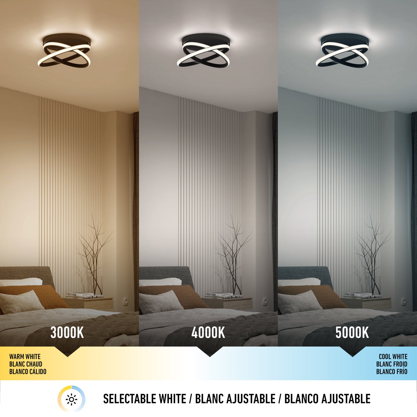 A modern bedroom lit by the Artika Orbia modern LED flush mount light 3 CCT, displaying warm white (3000K), neutral white (4000K), and cool white (5000K) lighting effects side by side.