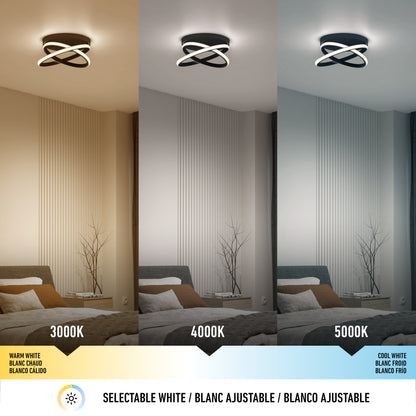 A modern bedroom lit by the Artika Orbia modern LED flush mount light 3 CCT, displaying warm white (3000K), neutral white (4000K), and cool white (5000K) lighting effects side by side.