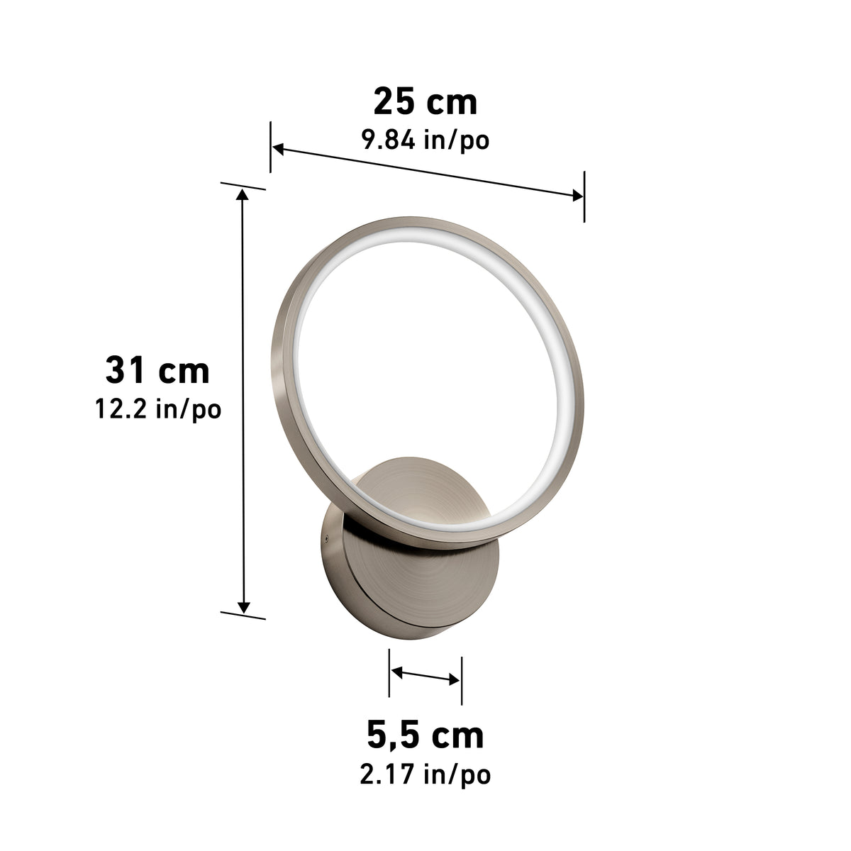 The Artika Solis modern LED indoor-outdoor wall light 5 CCT features a metallic circular ring design, ideal for accent lighting. Dimensions: 25 cm W x 31 cm H x 5.5 cm D (9.84" x 12.2" x 2.17"). Mounted on a round base.