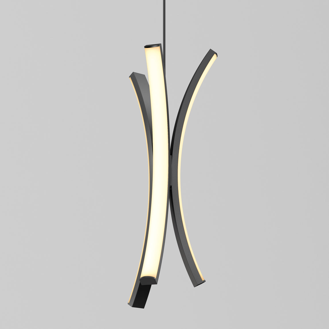 The Artika Corben Pendant LED light 5CCT Black features two vertically suspended, intersecting LED bars with black edges that emit a soft white glow, set against a plain gray background.