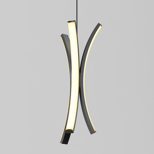 The Artika Corben Pendant LED light 5CCT Black features two vertically suspended, intersecting LED bars with black edges that emit a soft white glow, set against a plain gray background.
