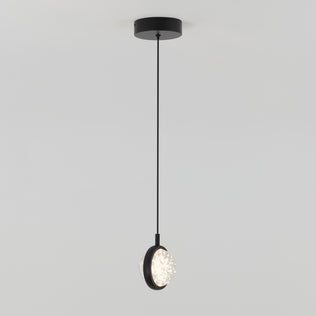 The Artika Avalon LED 1-light pendant features a black circular canopy, a slim black cord, and a round textured glass shade, shown hanging from the ceiling against a plain white background.
