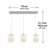 Rectangular ceiling light fixture with three hanging crystal pendant lights. The fixture is 73 cm (28.75 in) wide and the maximum hanging height is 152.4 cm (60 in).