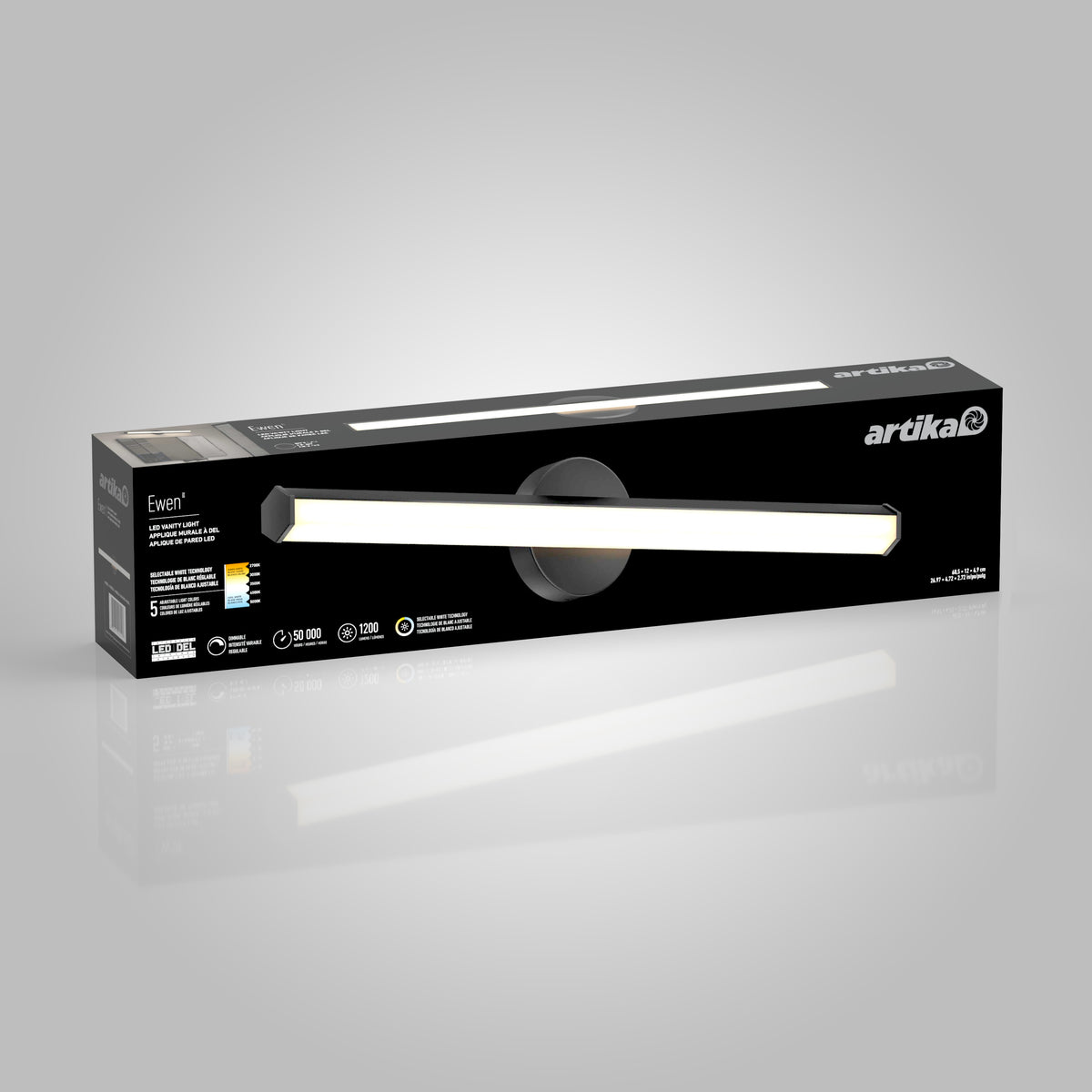 A black rectangular box displaying an Artika Ewen LED vanity light. The box features an image of the light fixture, product information, and logos on a gradient gray background.