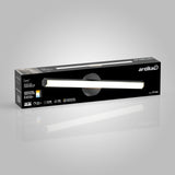 A black rectangular box displaying an Artika Ewen LED vanity light. The box features an image of the light fixture, product information, and logos on a gradient gray background.