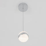 A modern pendant light with a round, frosted glass globe and a metallic accent, hanging from a thin wire attached to a circular ceiling mount against a plain white background.