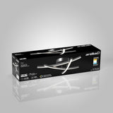 A rectangular black box for an Artika ceiling light fixture named Oily, featuring a modern, curved LED design. Packaging highlights specs like 50,000 hours lifespan, 850 lumens, and adjustable white tones.