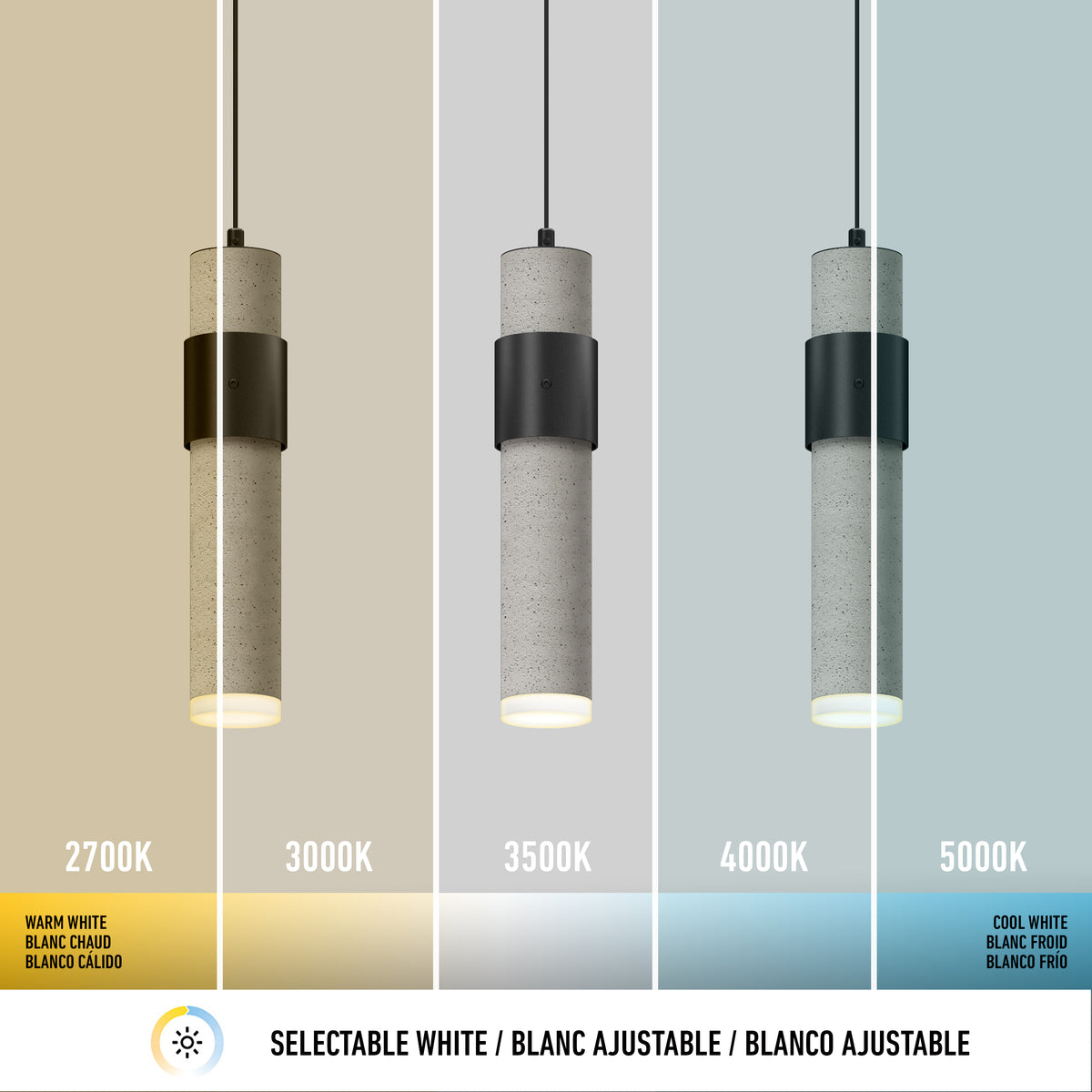 A cylindrical pendant light is shown with five color temperatures: 2700K (warm white), 3000K, 3500K, 4000K, and 5000K (cool white), each illustrated by different light tones on the fixture.