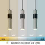 A cylindrical pendant light is shown with five color temperatures: 2700K (warm white), 3000K, 3500K, 4000K, and 5000K (cool white), each illustrated by different light tones on the fixture.