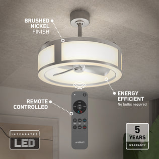 Artika Huxley 23 in. LED modern ceiling fan, 3 speeds, quiet motor, brushed nickel, remote control, energy efficient.