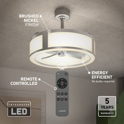 The Artika Huxley 23 in. LED modern ceiling fan features a brushed nickel finish, circular integrated LED light, 3 speeds, remote control, energy efficiency, and comes with a 5-year warranty.