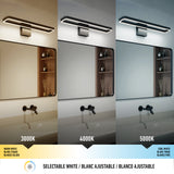 A bathroom with a mirror and modern wall light is shown in three color temperatures: warm white (3000K), neutral white (4000K), and cool white (5000K). Text indicates the light is adjustable in color.