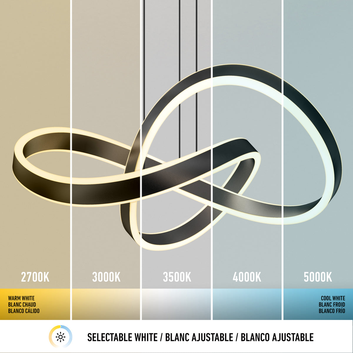 A modern looped LED pendant light displays five different color temperatures: 2700K, 3000K, 3500K, 4000K, and 5000K, ranging from warm white to cool white, with corresponding color sections and labels.