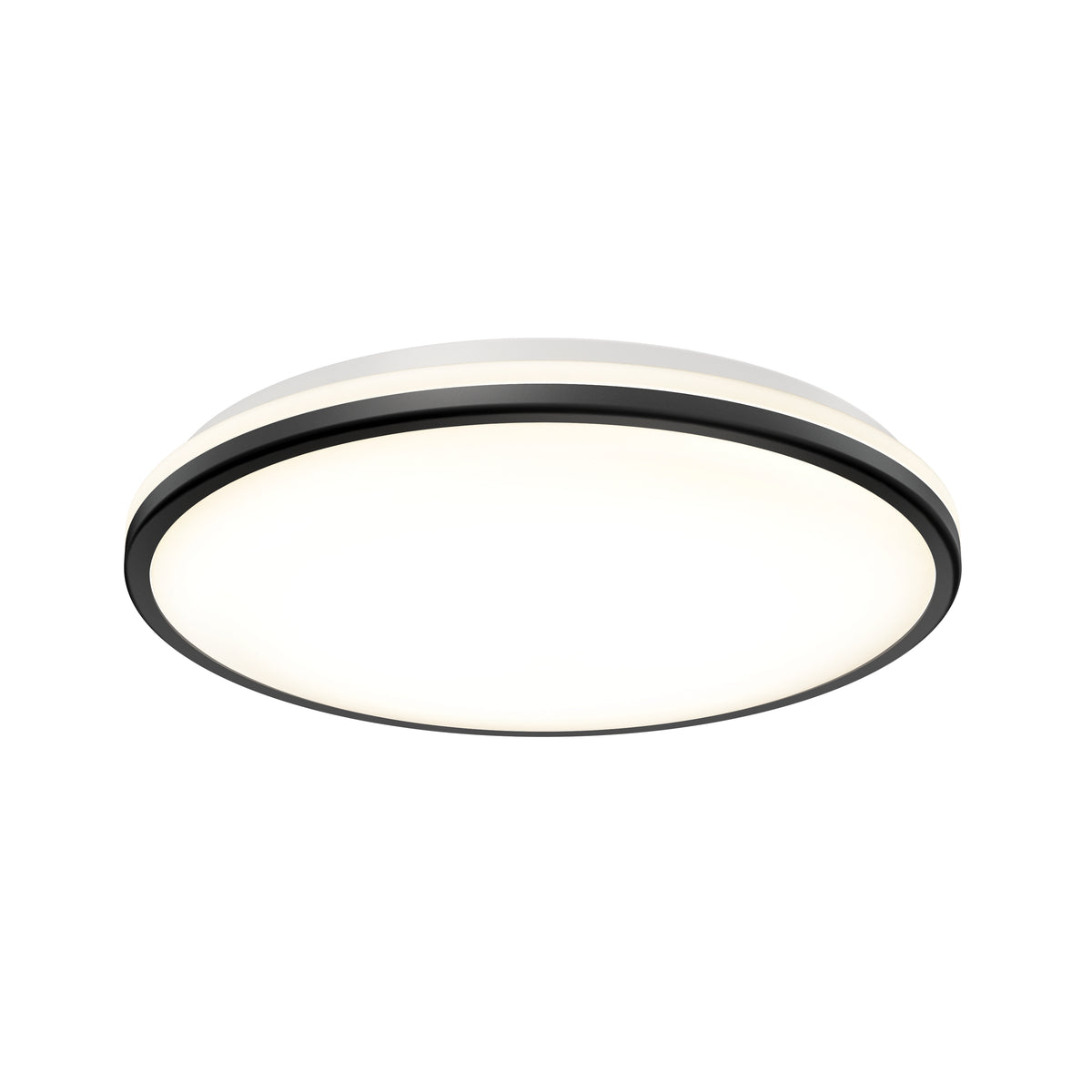 A modern, round ceiling light fixture with a white diffuser and a thin black rim, viewed from beneath against a white background.