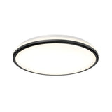 A modern, round ceiling light fixture with a white diffuser and a thin black rim, viewed from beneath against a white background.