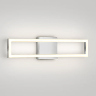 The Artika Dover modern LED bathroom vanity light 5 CCT features a rectangular metal base and a glowing rectangular LED frame, mounted horizontally on a plain light-colored wall for a sleek, contemporary look.