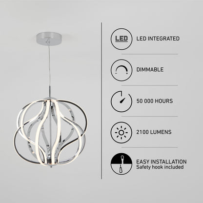 The Artika Meridian LED pendant light features a spherical, twisted design with a sleek chrome finish. It’s dimmable, delivers 2100 lumens, lasts 50,000 hours, and installs easily with a safety hook included. LED integration by Artika.