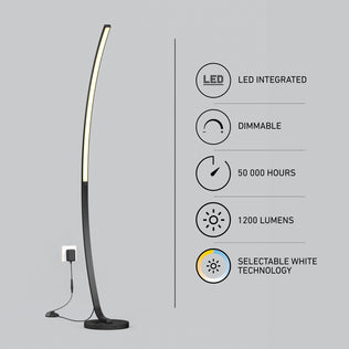 An Artika Arc LED Floor Lamp is plugged into a wall. Text highlights its integrated LED, dimmability, 50,000-hour lifespan, 1200 lumens brightness, and selectable white technology—each feature shown with an icon.