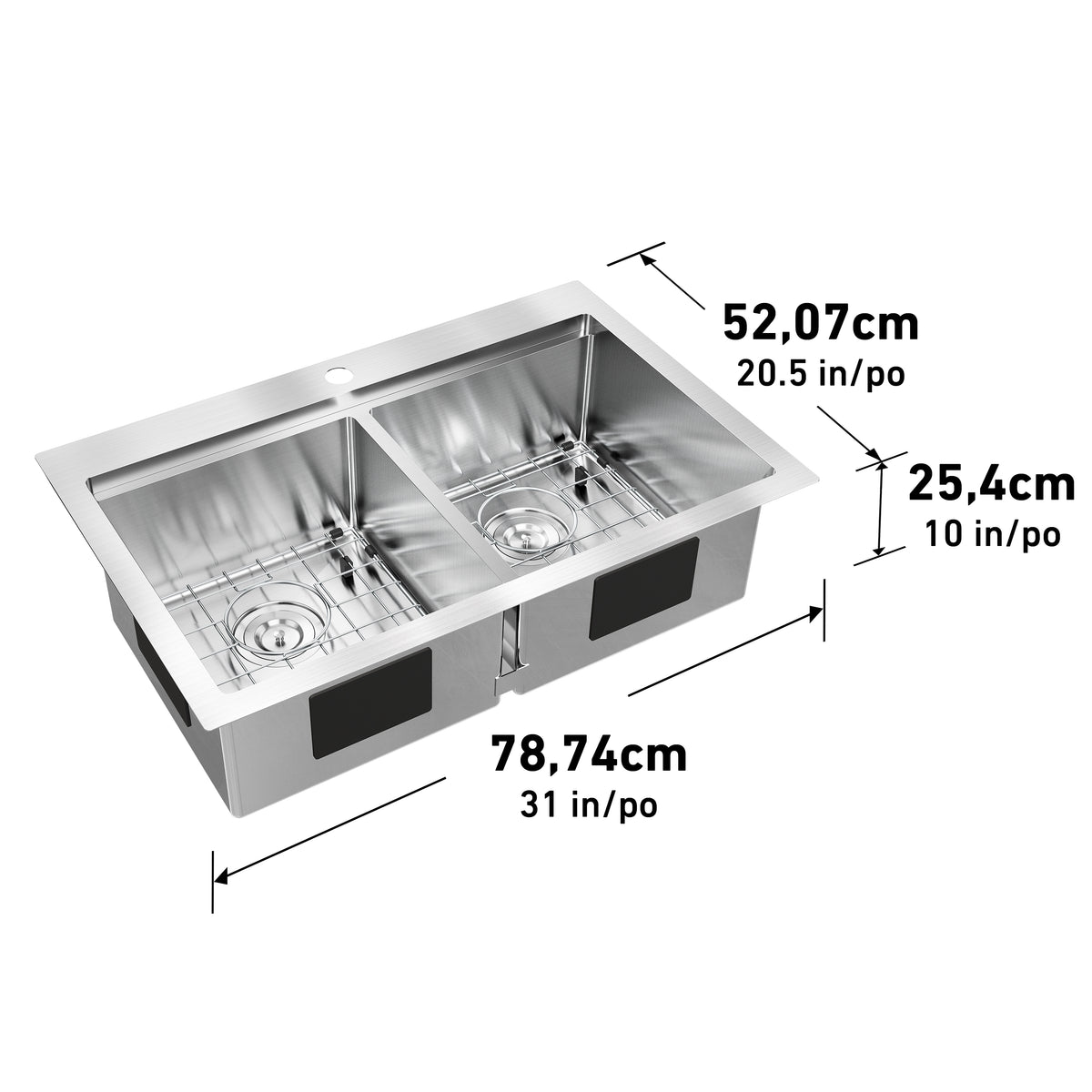 The Artika Newport double bowl stainless steel sink measures 78.74 cm (31 in) wide, 52.07 cm (20.5 in) deep, and 25.4 cm (10 in) high.