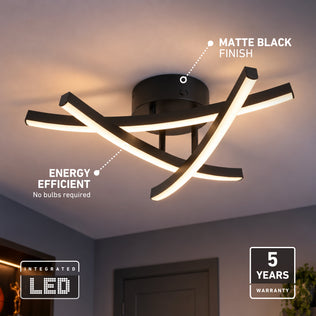 Artika Orly 18 in. Modern LED Flush Mount Ceiling Light with three curved arms, matte black finish, energy-efficient design, and a 5-year warranty.