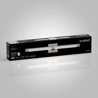 A black rectangular box for the Artika Tivoli modern LED bathroom vanity light 5 CCT, showing an image of the sleek wall-mounted fixture on the front and product details on the sides, set against a gray background.