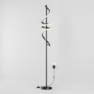 The Artika Coda modern LED floor lamp 5CCT features a spiral LED design, dimmable settings, and a round base, shown plugged in against a plain light gray background.