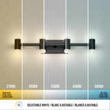 A wall light fixture displayed with five segments, each showing different color temperatures from warm white (2700K) to cool white (5000K), demonstrating selectable white lighting options.