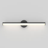 A modern, horizontal wall-mounted LED light fixture with a black circular base and a long, cylindrical white light bar, attached to a plain white wall.