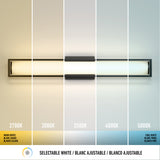 Rectangular wall light showing five color temperatures: 2700K (warm white), 3000K, 3500K, 4000K, and 5000K (cool white), with each section displaying a different white lighting shade. Text below highlights selectable white feature.
