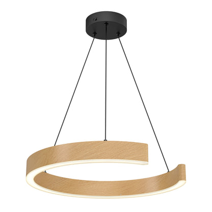 The Artika-CAN-dev Vance modern LED pendant light 3 CCT features a circular wood-finished ring, suspended by three black cables from a round black mount, with integrated dimmable LEDs along the inner edge.