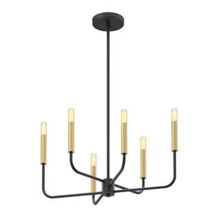 The Artika Manchester 6-light pendant features a matte black frame with six gold sockets and exposed bulbs, on an adjustable rod.