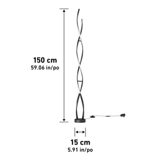 Artika Swirl modern LED floor lamp, 150cm tall, black, visible cord with right-side switch—ideal for living room lighting.