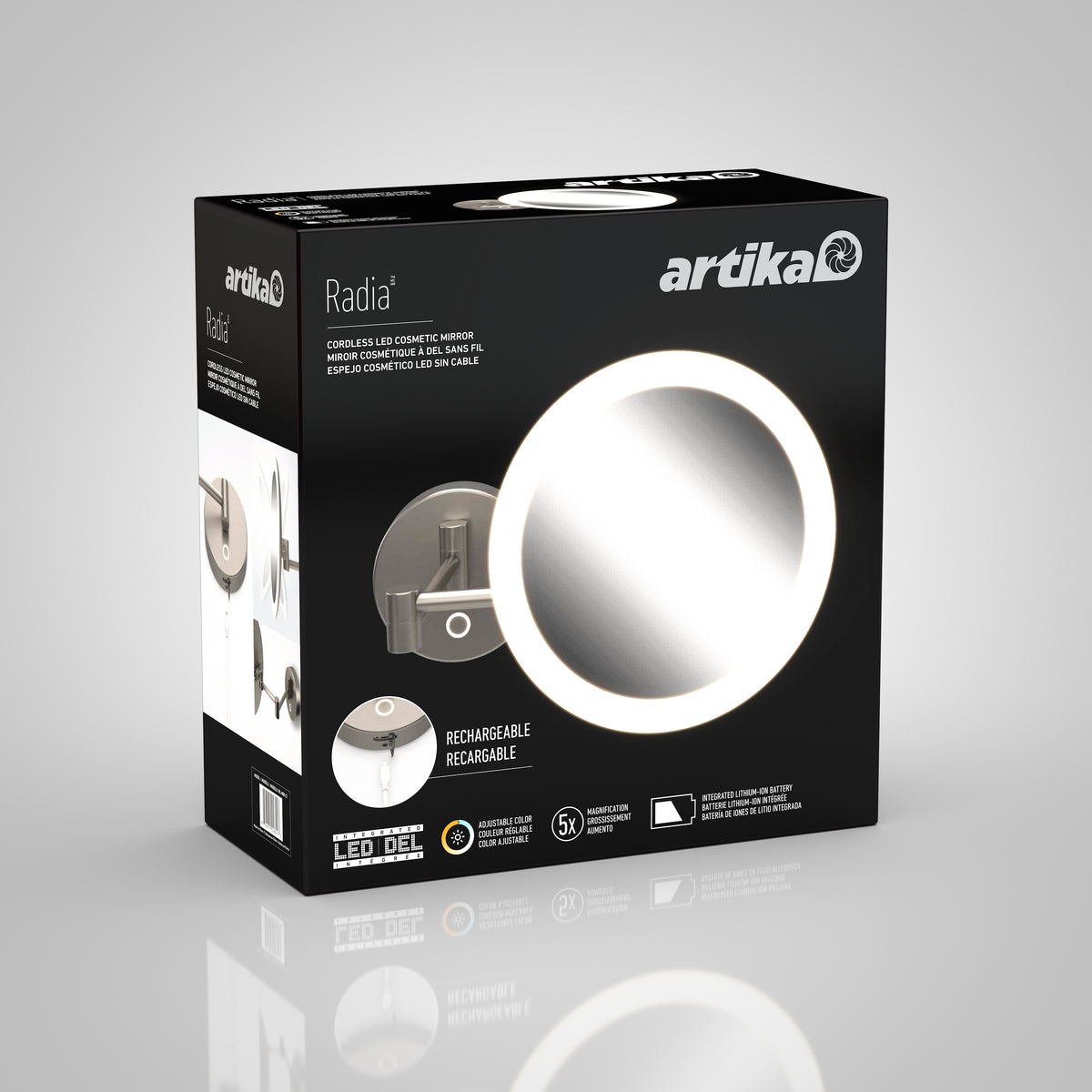 Black product box for an Artika Radia LED cosmetic mirror, featuring an image of the illuminated round mirror, details about its rechargeable feature, and branding on a light gray background.