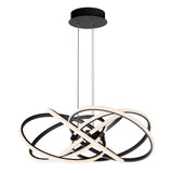 A modern ceiling light fixture with overlapping black and white LED rings, suspended by two cables from a round black mount. The rings interlock in an abstract, sculptural design.