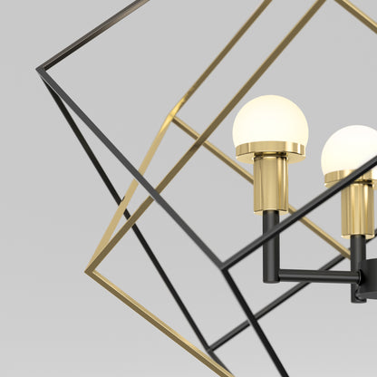 The Artika Peyton LED modern mid-century pendant light features gold and black geometric metal frames with round white bulbs, set against a light gray background.