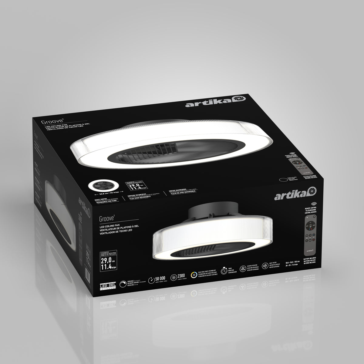 A black and white Artika Groove 20 in. LED modern ceiling fan box with 3 speeds and remote, displaying product images, specifications, and branding on a light gray background.