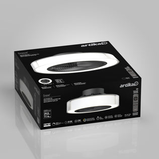A black and white Artika Groove 20 in. LED modern ceiling fan box with 3 speeds and remote, displaying product images, specifications, and branding on a light gray background.