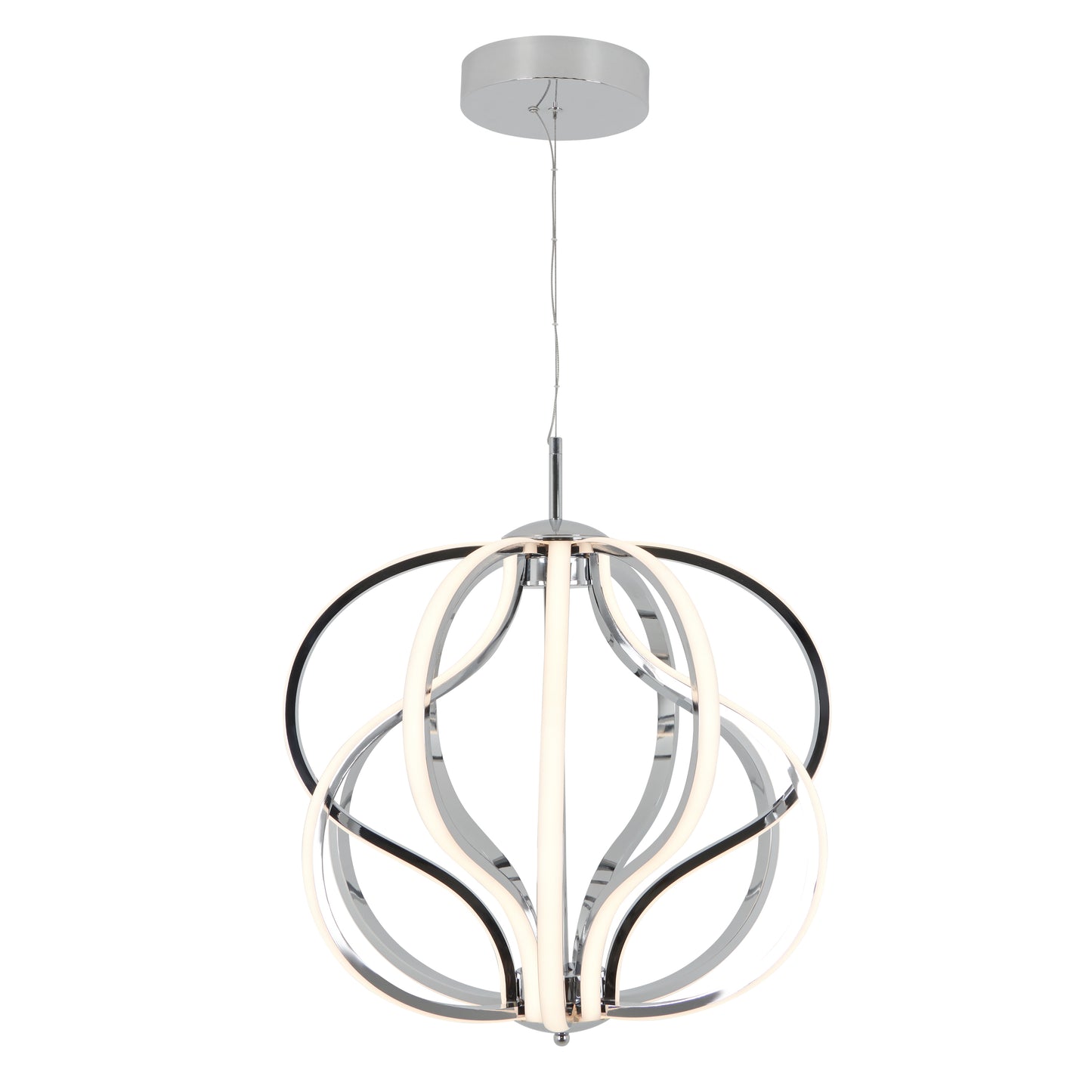 The Meridian LED pendant light by Artika features intertwined, curved LED strips in black, chrome, and white, suspended from a round ceiling mount by a slim wire. Its open sculptural design creates abstract loops for a modern look.