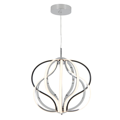 The Meridian LED pendant light by Artika features intertwined, curved LED strips in black, chrome, and white, suspended from a round ceiling mount by a slim wire. Its open sculptural design creates abstract loops for a modern look.