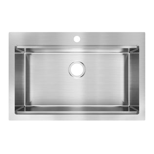 Top view of the Artika Newport 33 in. single bowl stainless steel workstation sink featuring clean, sharp edges, a brushed finish, single faucet hole, and round center drain.