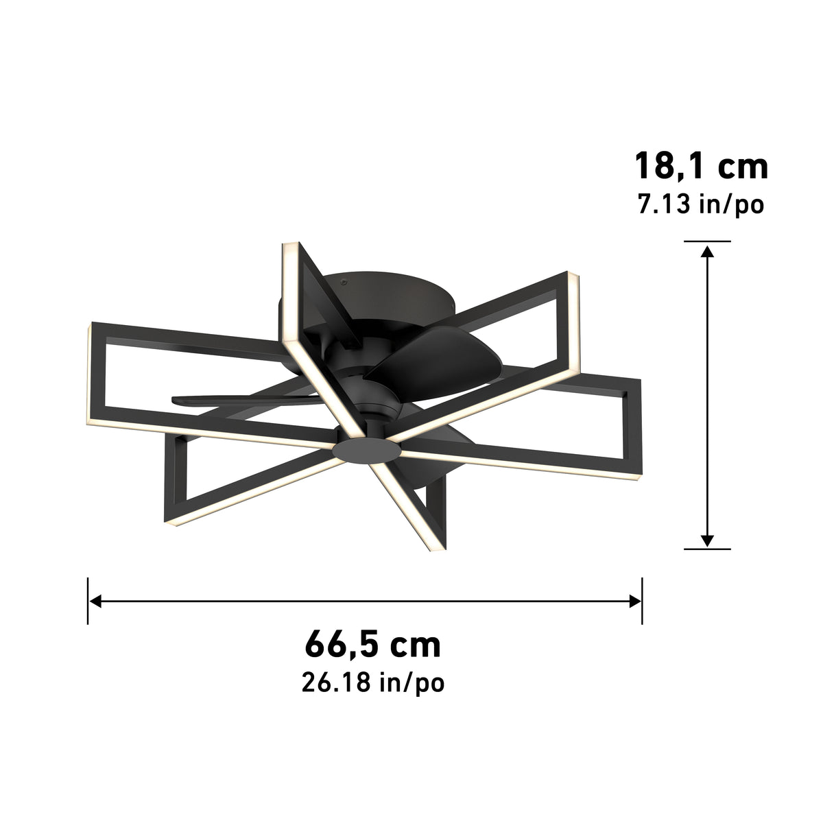 The Artika Swirl 26 in. LED modern ceiling fan features a black geometric frame, integrated blades and light, measures 66.5 cm wide by 18.1 cm high, and offers 3 speeds with a remote control.