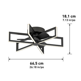 The Artika Swirl 26 in. LED modern ceiling fan features a black geometric frame, integrated blades and light, measures 66.5 cm wide by 18.1 cm high, and offers 3 speeds with a remote control.