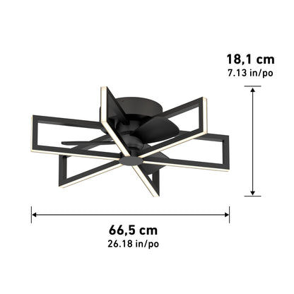 The Artika Swirl 26 in. LED modern ceiling fan features a black geometric frame, integrated blades and light, measures 66.5 cm wide by 18.1 cm high, and offers 3 speeds with a remote control.