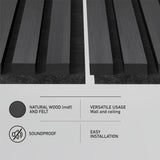 Close-up of dark wood and felt acoustic panels, shown with icons and text highlighting features: natural wood (MDF) and felt, soundproof, versatile wall and ceiling use, and easy installation.