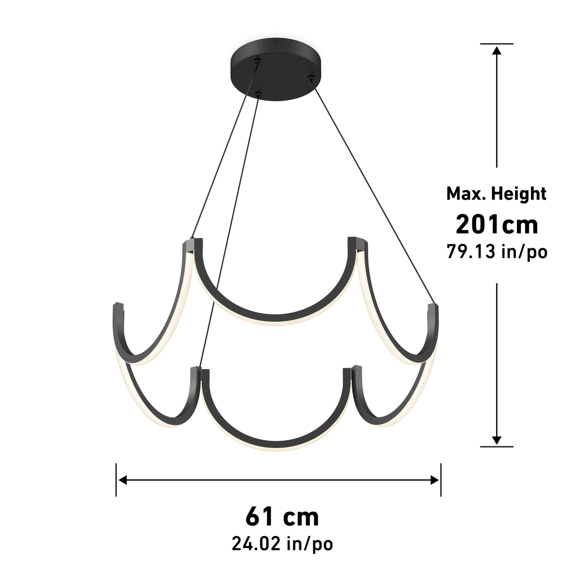 Modern black pendant chandelier with curved LED light strips, hanging from a round ceiling mount. Dimensions shown: 61 cm wide (24.02 in), maximum height 201 cm (79.13 in).