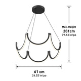 Modern black pendant chandelier with curved LED light strips, hanging from a round ceiling mount. Dimensions shown: 61 cm wide (24.02 in), maximum height 201 cm (79.13 in).